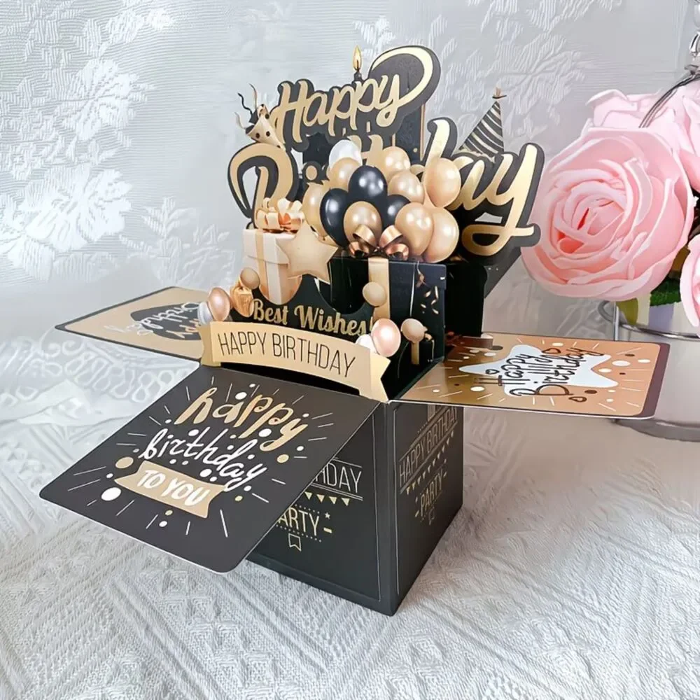 3D Pop-Up Greeting Card Black Gold Balloon Birthday Father Mother Office